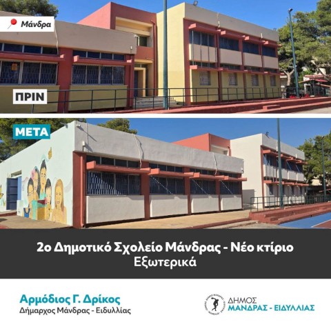 Ο Δήμαρχος Αρμόδιος Γ. Δρίκος παραδίδει ένα σχολείο–κόσμημα για τη νέα γενιά -Η ριζική ανακαίνιση του 2ου Δημοτικού Σχολείου Μάνδρας αποτελεί έργο ζωής που γράφει ιστορία στην πόλη