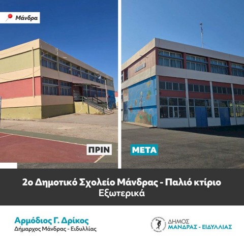 Ο Δήμαρχος Αρμόδιος Γ. Δρίκος παραδίδει ένα σχολείο–κόσμημα για τη νέα γενιά -Η ριζική ανακαίνιση του 2ου Δημοτικού Σχολείου Μάνδρας αποτελεί έργο ζωής που γράφει ιστορία στην πόλη