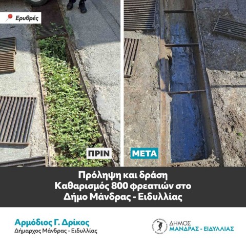Δήμος Μάνδρας – Ειδυλλίας: Στην τελική ευθεία για την ολοκλήρωση του καθαρισμού των φρεατίων – Θωράκιση της πόλης πριν την επιδείνωση του καιρού