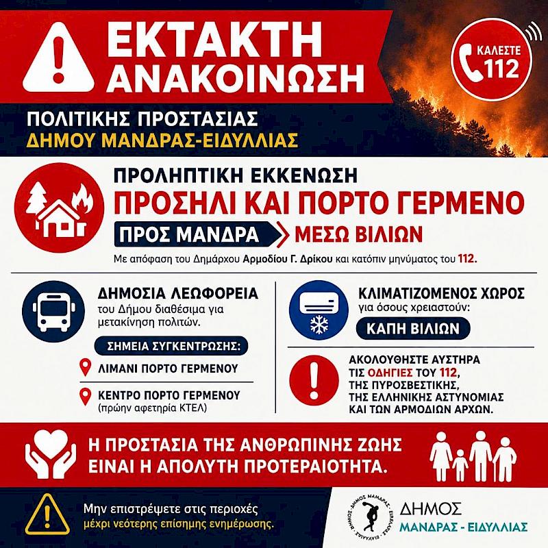 ΕΚΤΑΚΤΗ ΑΝΑΚΟΙΝΩΣΗ ΠΟΛΙΤΙΚΗΣ ΠΡΟΣΤΑΣΙΑΣ ΔΗΜΟΥ ΜΑΝΔΡΑΣ-ΕΙΔΥΛΛΙΑΣ - Με εντολή του Δημάρχου Αρμοδίου Γ. Δρίκου προληπτική εκκένωση σε Προσήλι και Πόρτο Γερμενό