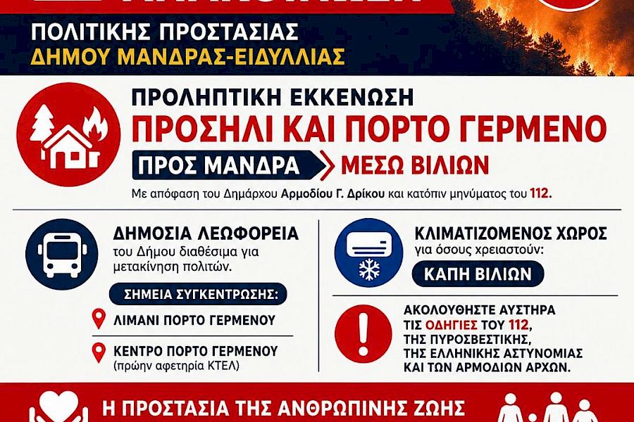 ΕΚΤΑΚΤΗ ΑΝΑΚΟΙΝΩΣΗ ΠΟΛΙΤΙΚΗΣ ΠΡΟΣΤΑΣΙΑΣ ΔΗΜΟΥ ΜΑΝΔΡΑΣ-ΕΙΔΥΛΛΙΑΣ - Με εντολή του Δημάρχου Αρμοδίου Γ. Δρίκου προληπτική εκκένωση σε Προσήλι και Πόρτο Γερμενό